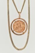 A SOVEREIGN PENDANT AND CHAIN, designed as a George V 1914 full sovereign within a circular 9ct
