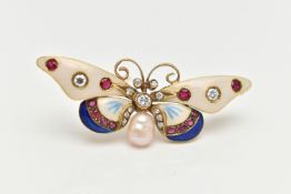 A MID CENTURY BUTTERFLY BROOCH, a yellow metal brooch with white iridescent and blue enamel detail