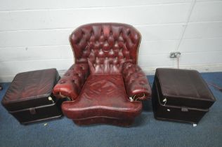 A BURGUNDY LEATHER BUTTONED ARMCHAIR, with brass studded detail, width 100cm x depth 97cm x height