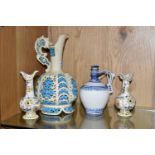 A COLLECTION OF ZSOLNAY EWERS AND VASES, comprising a large turquoise blue and white reticulated