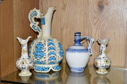 A COLLECTION OF ZSOLNAY EWERS AND VASES, comprising a large turquoise blue and white reticulated