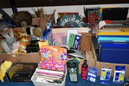 EIGHT BOXES OF MISCELLANEOUS SUNDRIES, to include soft toys, stationery, folders, Christmas
