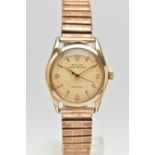 A BOXED GOLD PLATED 'ROLEX' WRISTWATCH, manual wind, round discoloured dial signed 'Rolex Oyster