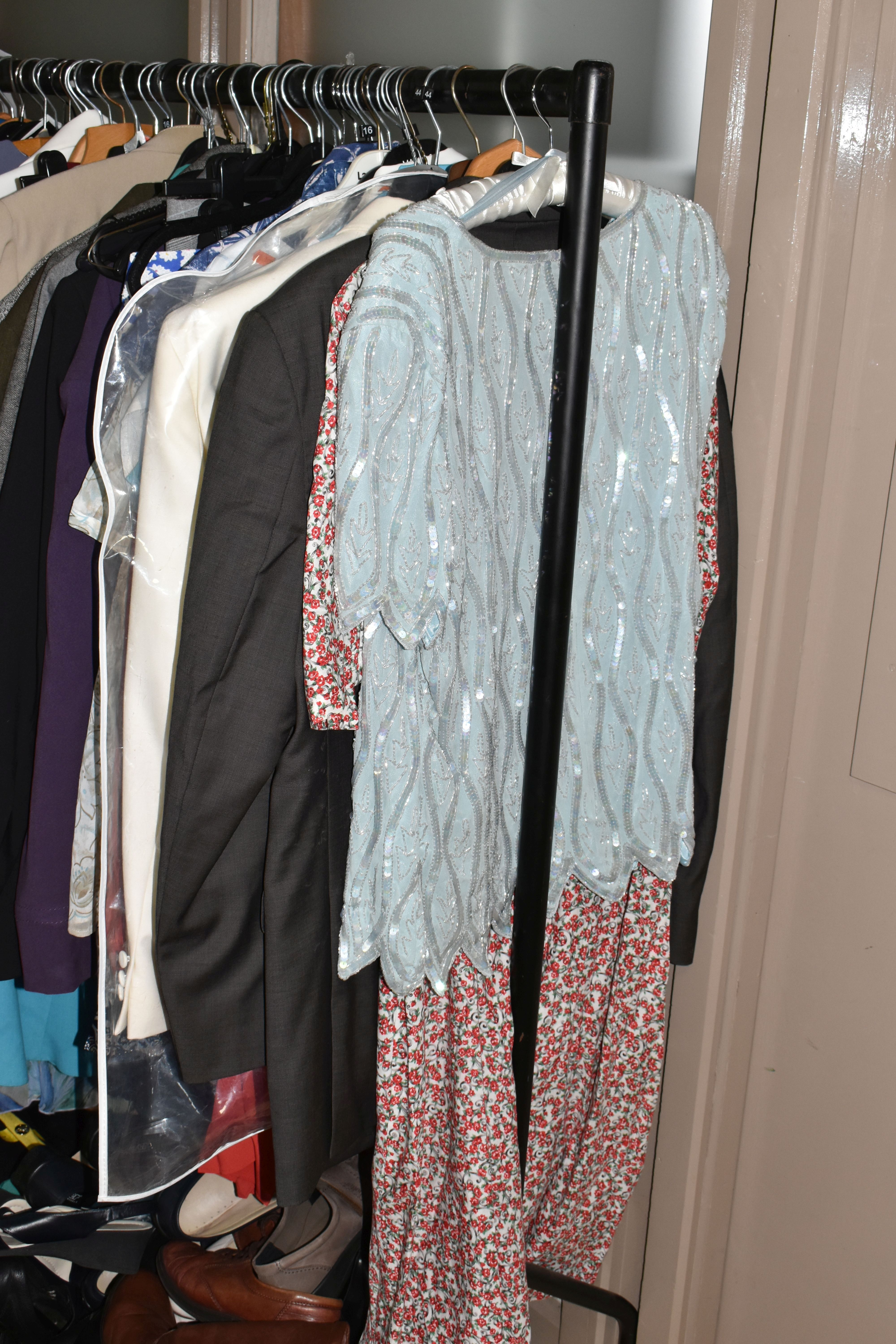 TWO BOXES AND ONE RAIL OF CLOTHING AND ACCESSORIES, to include a quantity of ladies suits and - Image 2 of 6