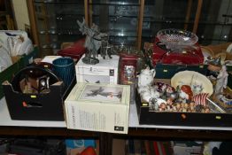FIVE BOXES AND LOOSE GLASSWARE, CERAMICS, ETC, including two boxed resin Flower Fairy figures, boxed