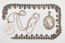 TWO LATE VICTORIAN SILVER LOCKETS AND CHAIN, both lockets of oval design, the first engraved with