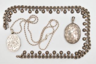 TWO LATE VICTORIAN SILVER LOCKETS AND CHAIN, both lockets of oval design, the first engraved with