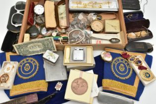 A BOX OF ASSORTED ITEMS, to include an AF silver open face pocket watch, key wound, hallmarked '