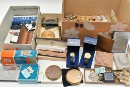 A BOX OF ASSSORTED ITEMS, to include various pieces of costume jewellery such as chains,