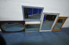 A SELECTION OF VARIOUS MIRRORS, to include a grey painted rectangular bevelled edge wall mirror,
