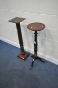TWO REPRODUCTION MAHOGANY PLANT STANDS, the taller one with square top and base, on cylindrical
