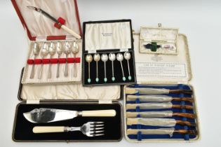 A SELECTION OF MAINLY CUTLERY, to include a cased silver fish knife and fork server set, hallmark