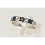 A 18CT GOLD SAPPHIRE AND DIAMOND RING, three square cut blue sapphires interspaced between four