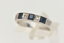 A 18CT GOLD SAPPHIRE AND DIAMOND RING, three square cut blue sapphires interspaced between four