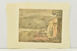 AN UNSIGNED 19TH CENTURY RURAL SCENE, depicting figures, horses and carts before a fortified