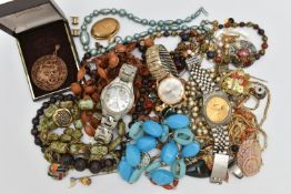 A BAG OF ASORTED COSTUME JEWLLERY, to include a selection of beaded necklaces, an oriental dragon
