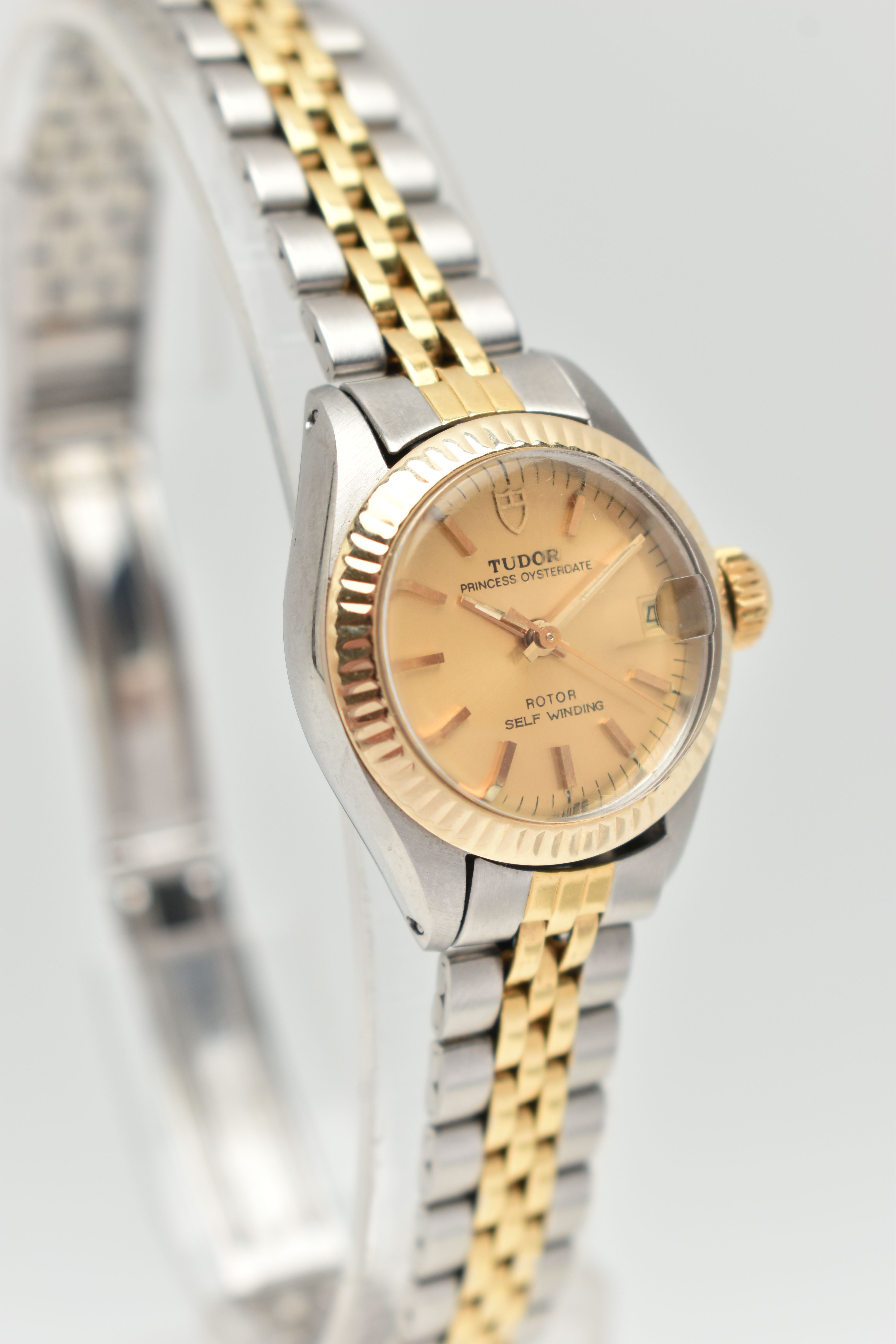 A LADYS 'TUDOR' WRISTWATCH, round gold dial signed 'Tudor Princess Oyster date, Rotor Self Winding', - Image 2 of 10