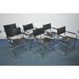 A SET OF SIX 1980'S CHROME TUBULAR CANTILEVER CHAIRS, in the manner of Mart Stam, with black leather