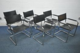 A SET OF SIX 1980'S CHROME TUBULAR CANTILEVER CHAIRS, in the manner of Mart Stam, with black leather