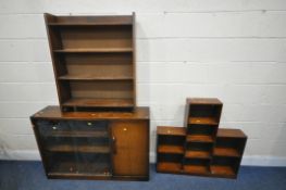 THREE VARIOUS 20TH CENTURY OAK BOOKCASES, one with a single cupboard door and double glass sliding