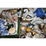 FOUR BOXES OF CERAMICS AND SUNDRY ITEMS, to include a small collection of blue and white dinner