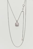 A 9CT WHITE GOLD DIAMOND NECKLACE, a principally set princess cut diamond, set with a double halo of