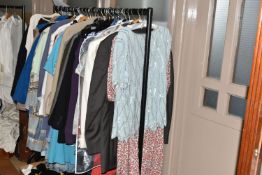 TWO BOXES AND ONE RAIL OF CLOTHING AND ACCESSORIES, to include a quantity of ladies suits and