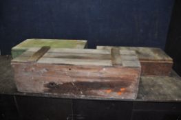 THREE VINTAGE WOODEN BOXES included a painted pine toolbox with metal corner strengthener width 70cm