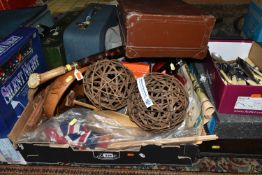 A QUANTITY OF TYPEWRITERS, SUITCASES, HOUSEHOLD SUNDRIES, CHRISTMAS LIGHTS, ETC, including a horn