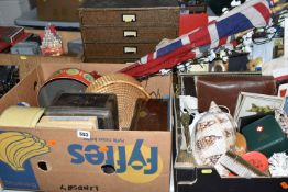 FOUR BOXES AND LOOSE TINS, SUNDRIES, EPHEMERA, ETC, including two Victorian brass bound bibles, a.