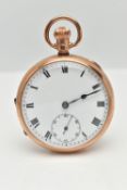 A 9CT GOLD OPEN FACE POCKET WATCH, hand wound movement, white round dial, Roman numerals, subsidiary