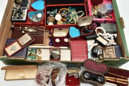A BOX OF ASSORTED ITEMS, to include various pieces of costume jewellery, beaded necklaces, earrings,