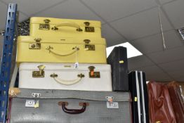 A GROUP OF VINTAGE LUGGAGE, comprising two ladies yellow Antler suitcases, a cream Antler