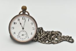 A OPEN FACE POCKET WATCH AND ALBERT CHAIN, hand wound movement, white dial, Arabic numerals,