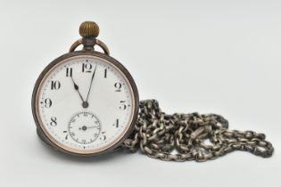 A OPEN FACE POCKET WATCH AND ALBERT CHAIN, hand wound movement, white dial, Arabic numerals,