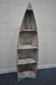 A PAINTED WOODEN BOOKCASE, in the form of a boat, width 57cm x depth 33cm x height 194cm (