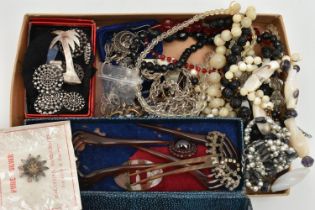 A BOX OF ASSORTED ITEMS, to include a white metal Bohemian garnet oval cluster, missing fittings