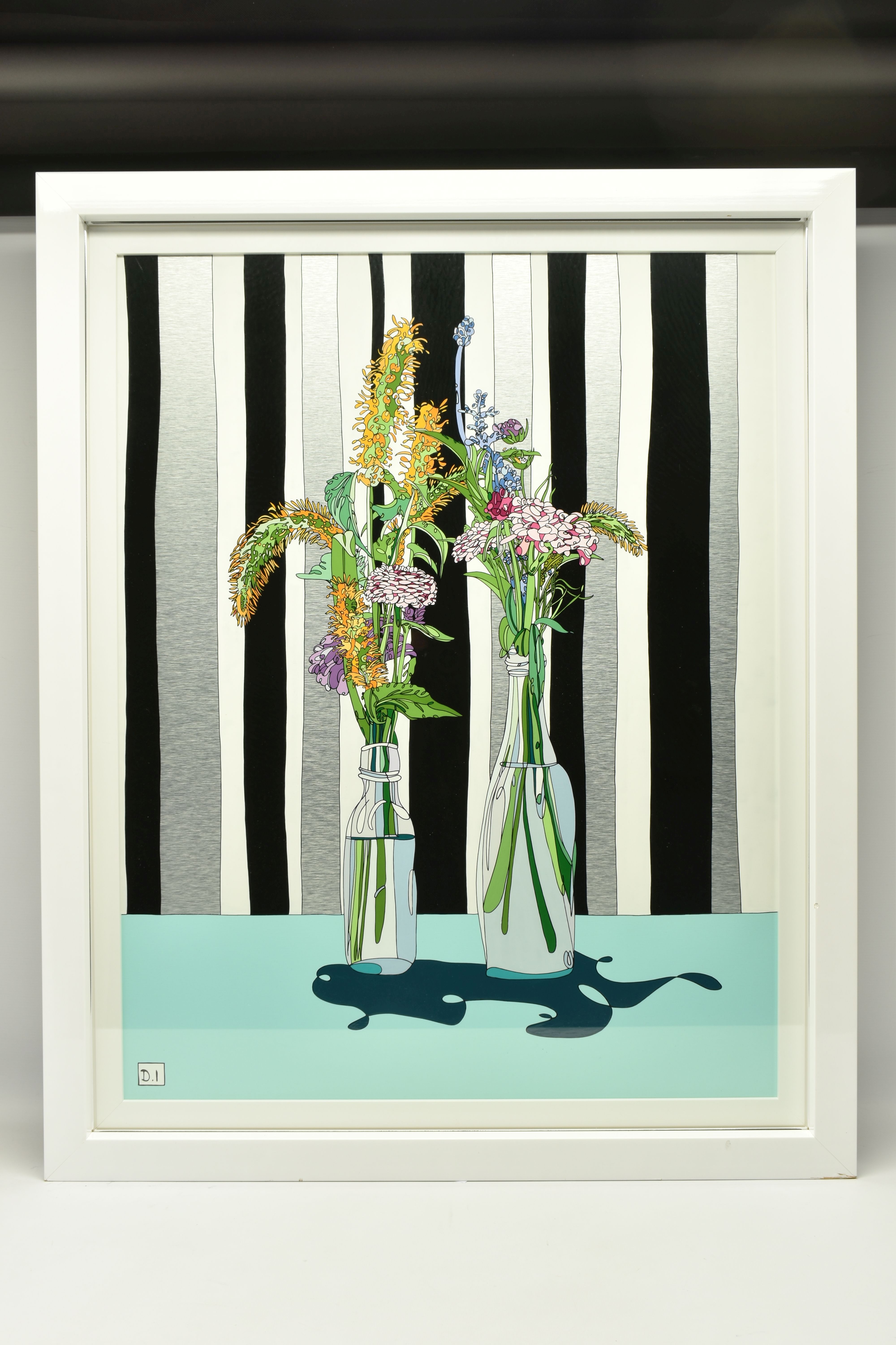 DYLAN IZAAK (BRITISH CONTEMPORARY) 'FLOWERS ON STRIPED WALLPAPER', a selection of wild flowers in