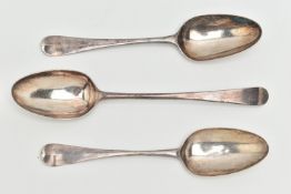 THREE SILVER SPOONS, to include an old English pattern table spoon, hallmarked London 1784,