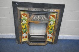 A CAST IRON FIRE SURROUND, the tiled inserts depicting flowers in a vase, width 102cm x height 99cm,