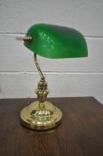 A BRASS BANKERS TABLE LAMP, with a green glass shade, height 37cm (condition report: no visible
