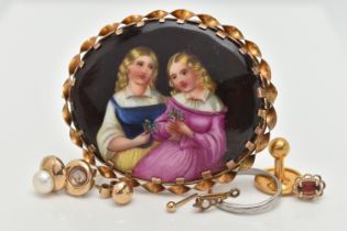 ASSORTED JEWELLERY, to include a painted portrait brooch, in a yellow metal rope twist surround,