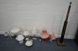 A SELECTION OF VARIOUS LAMPS, to include an Art Deco oak and ebonized standard lamp, height 134cm,
