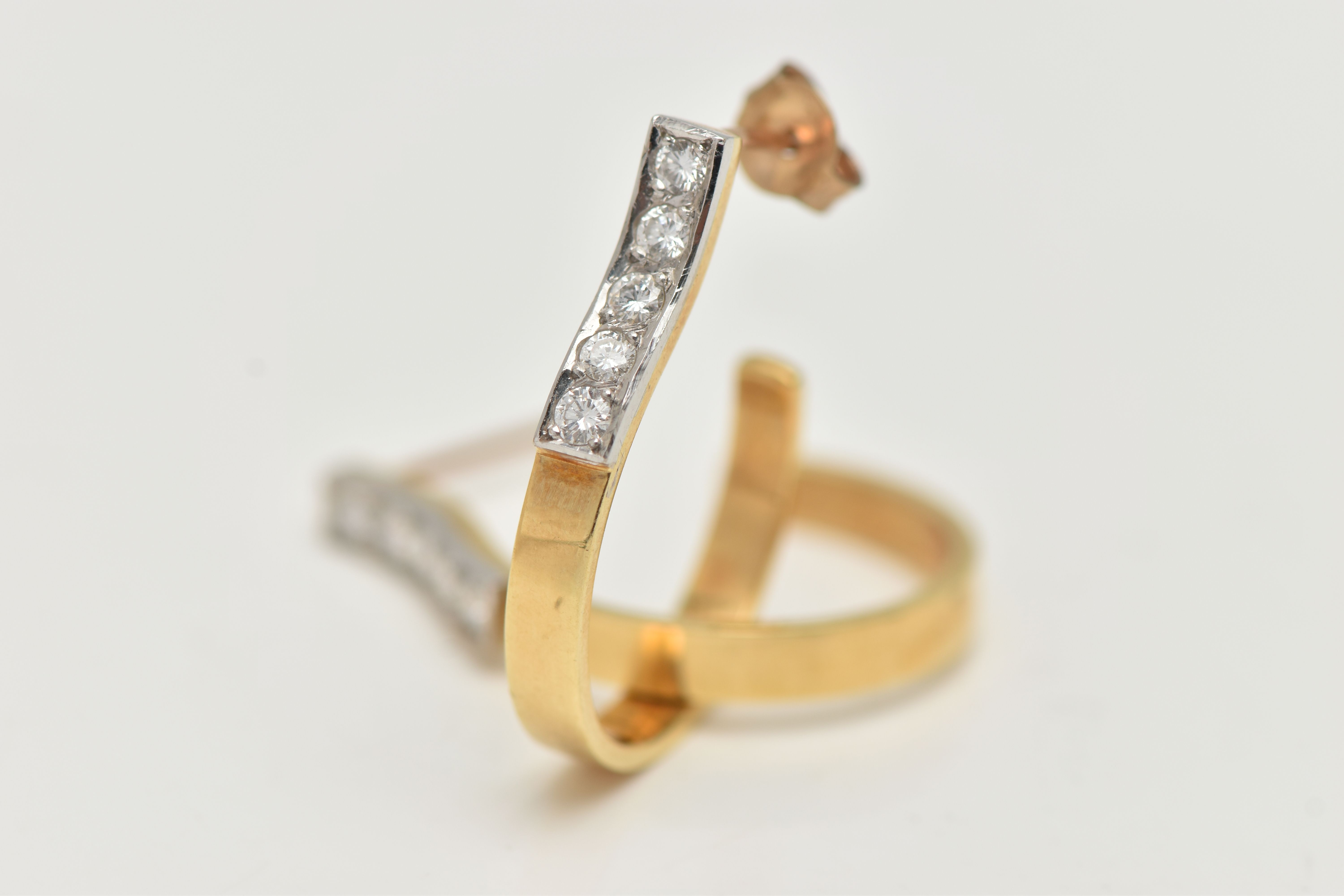 A PAIR OF YELLOW METAL AND DIAMOND HOOP EARRINGS, five round brilliant cut diamonds, grain set in - Image 2 of 3