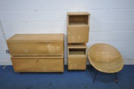 A SELECTION OF WICKER OCCASIONAL FURNITURE, to include two ottomans, two single door bedside