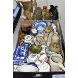 TWO BOXES AND LOOSE CERAMICS, to include a large Eastgate Pottery 'Fauna' jug, height 28cm, an