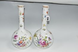 A PAIR OF PFVA DRESDEN STYLE ONION SHAPED VASES HAND PAINTED WITH DEUTCHE BLUMEN, gilt rims, painted