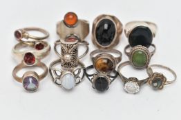 ASSORTED WHITE METAL RINGS, to include thirteen rings in total, four with silver hallmarks,