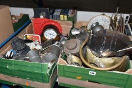THREE BOXES OF METAL WARES, DVDS AND SUNDRY ITEMS, to include a small brass coal scuttle, vintage
