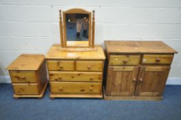 A SELECTION OF PINE BEDROOM FURNITURE, to include a cabinet with two drawers over two cupboard